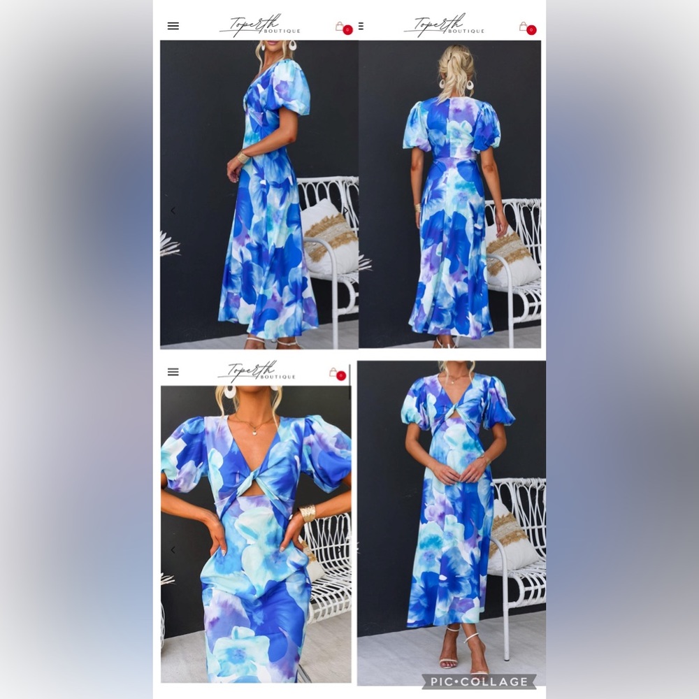TOPERTH BLUE FLORAL V-NECK TWIST ACCENT MIDI DRESS (size large) brand new.